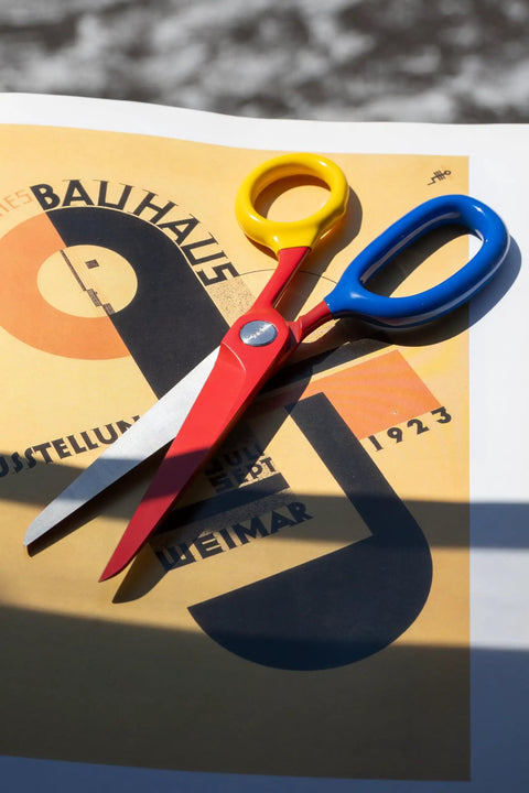 Chroma Scissors 8.5 Inch Heavy Duty Stainless Steel All Purpose Shears For Office Craft And Home Use With Ultra Sharp Blade And Ergonomic Comfort Grip Handles In Bold Red Color For Smooth Cutting And Everyday DIY Ready Workhorse, red handles on printed paper