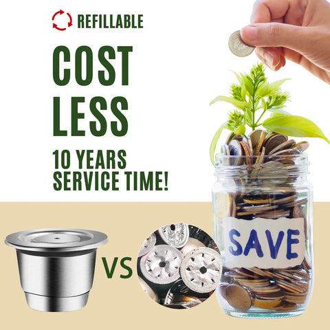 OriginalLine Compatible Reusable Stainless Steel Coffee Capsules For OriginalLine Machines 3 Pod Set next to jar of coins marked 'SAVE'