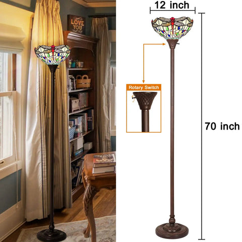 Dragonfly Tiffany Style Stained Glass Floor Lamp Torchiere Cream Rustic Look Tall Standing Light 70 Inches With 12 Inch Shade