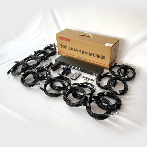 Slick 16 Port KVM Switch Console With Hella Reliable HDMI 4K At 30Hz Resolution and Rad Super Fast Plug And Play Cable Bundle with components.