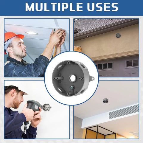 Beefy Four Pack Of 4-Inch Round Metal Electrical Boxes With 1/2-Inch Five-Hole Weatherproof Aluminum Outdoor Junction Box For Ceiling Fans And Lighting, UL Listed, Gray Finish, Includes Mounting Hardware installed on exterior and ceiling applications