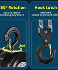 360° rotating hook and latch of 2 Ton Hand Chain Hoist With 4400 Lbs Capacity 10 Foot Lift Manual Chain Block With Upgraded G80 Galvanized Chain Alloy Steel Construction