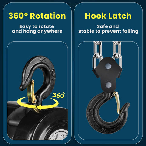 360° rotating hook and latch of 2 Ton Hand Chain Hoist With 4400 Lbs Capacity 10 Foot Lift Manual Chain Block With Upgraded G80 Galvanized Chain Alloy Steel Construction
