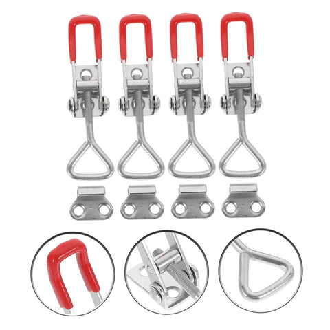 Adjustable Heavy Duty Toggle Clamp Latch Set 4 Pack, red-handled steel latches with mounting brackets and hooks