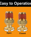 Two brass air tank drain cocks demonstrating open and closed positions, featuring knurled ends and thumb screw handles for easy operation.