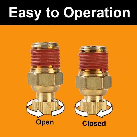 Two brass air tank drain cocks demonstrating open and closed positions, featuring knurled ends and thumb screw handles for easy operation.