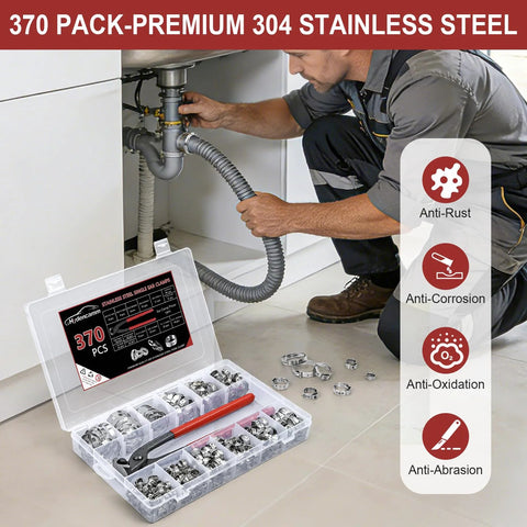 Hydencamm 370-piece stainless steel hose clamp set, 5.3–33.1 mm, 15 sizes