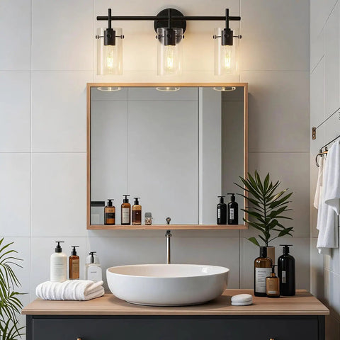 Three Light Matte Black Vanity Light With Clear Glass Shades For Bathroom Mirror Over Vanity And Beyond Perfect Wall Sconce
