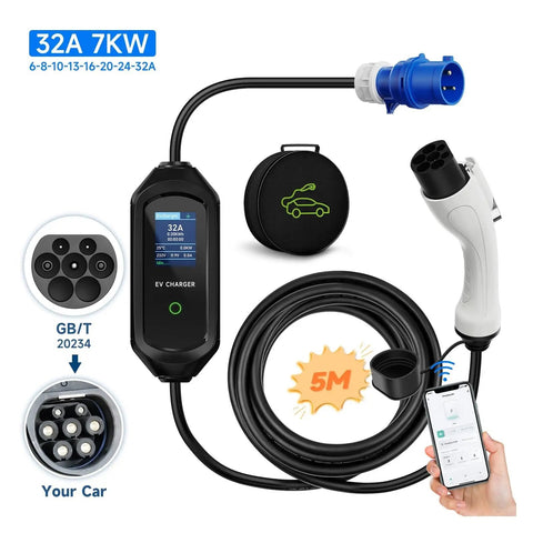 Road Trip Ready Portable EV Charger Type 2 Gt B 7kW 32A One Phase Smart App Bluetooth Control fast charge cable with display.