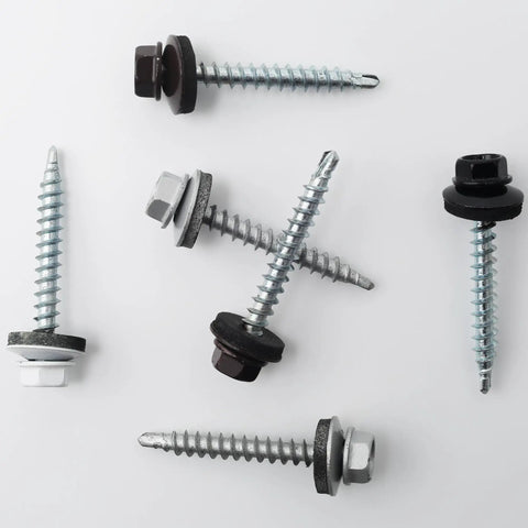 Professional Grade Size 10 X One And A Half Inch Black Hex Head Self Drilling Roofing Screws shown from various angles.