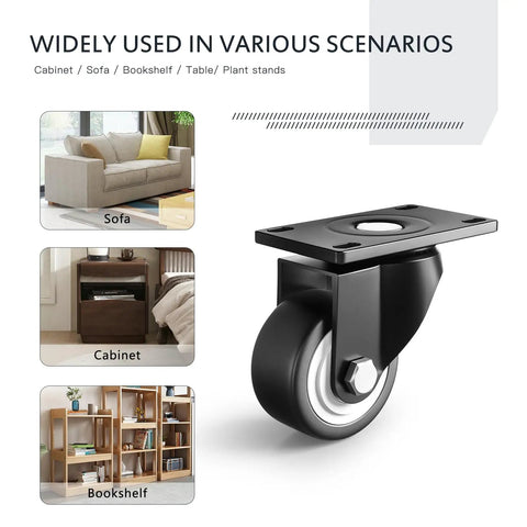 Heavy Duty 2 Inch Caster Wheels Set Of Four 600 Lb Industrial Swivel Casters Black Polyurethane Rollers mounted on a cabinet.