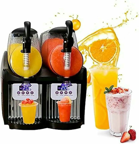 Pro Level Dual Tank Frozen Drink Maker And Slushie Dispenser With Serious Chill Factor For Smoothies Ice Cream And Cold Beer showing two tanks with drinks.