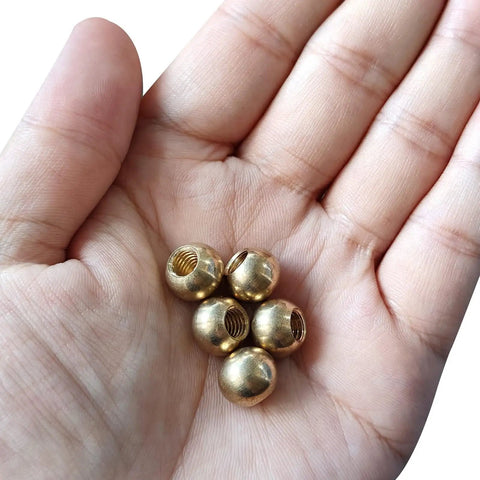 Five brass M6x1 thread cap nuts knob set for furniture and lighting shown in a hand, easy install, no tool needed.