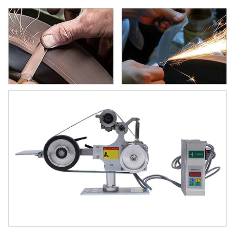 Powerful 550W Brushless Belt Sander With Digital Speed Display And Variable Control shown for precise metal polishing.