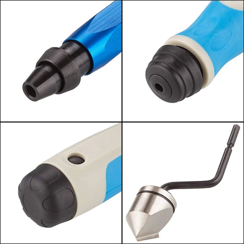 Acrux7 hand deburring tool kit with blue aluminum handle; includes 10 rotary deburr blades and 1 countersink blade