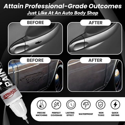 Comparison image showing before and after use of a Grey Car Touch Up Paint Pen For Scratches And Chips Automotive Scratch Repair Kit and Auto Scratch Remover For Cars And SUVs Quick Application Smooth Gloss Finish on a car door and handle