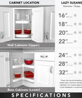 Two Tier Kidney Shaped Lazy Susans For Corner Base Cabinets Plastic White 28 Inch Wide shown in kitchen setup
