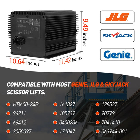 Heavy Duty Built Like A Tank 24V 25A Scissor Lift Battery Charger With Auto Shutoff And IP67 Waterproof Seal, dimensions shown.