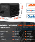 Heavy Duty 24V 25A Scissor Lift Battery Charger IP67 Waterproof design with dimensions 10.64x11.42x9.49 inches.