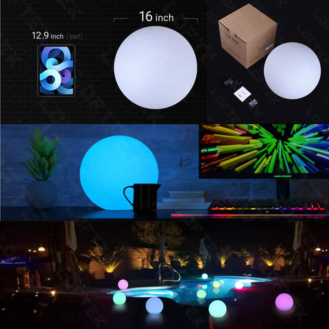 Huge 16 Inch RGB Night Light Ball With Remote Control Color Changing Waterproof Glow, shown outdoors and indoors.