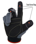 Black work glove with gray palm, highlighting touch screen fingertips, part of Six Pairs Work Gloves For Men And Women Touchscreen Ready Heavy Duty Utility Mechanic And Gardening Glove Set Flexible Breathable Spandex Back Knuckle Protection Large Size For Yard Maintenance.