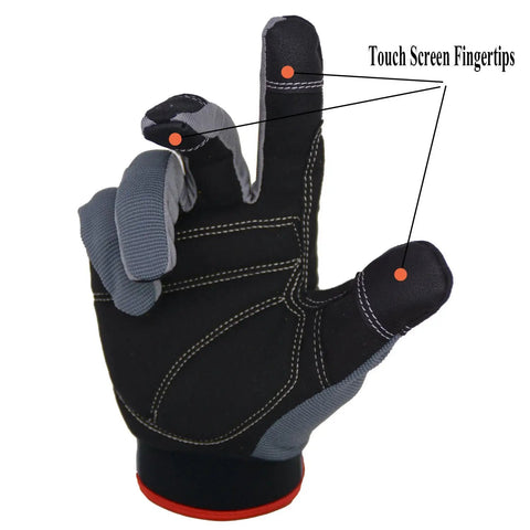 Phone Friendly All Day Grippy Comfort Touch Screen Ready Work Gloves for Men and Women, black glove with touchscreen fingertips.