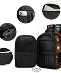 Ornate Dark Royal Skull Printed Unisex Backpack with pockets and compartments, large capacity, durable polyester, 180-degree view.
