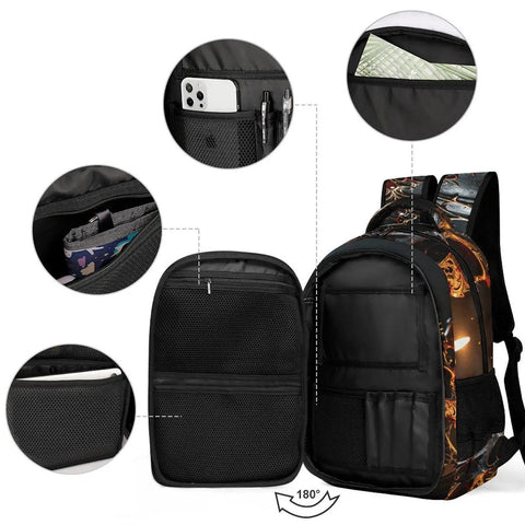 Ornate Dark Royal Skull Printed Unisex Backpack with pockets and compartments, large capacity, durable polyester, 180-degree view.