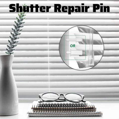 40 Pack Spring Loaded Shutter Repair Pins with Dual Sizes shown with example installation on window blinds.