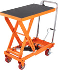 Orange VEVOR hydraulic lift table cart with black diamond-plate top, scissor lift, and four red wheels