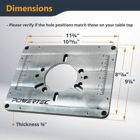 Rock Solid Aluminum Router Table Insert Plate With Smooth Reducer Rings And Quick Leveling Screws Plus Guide Pin dimensions diagram. 9.25 x 11.75 size.