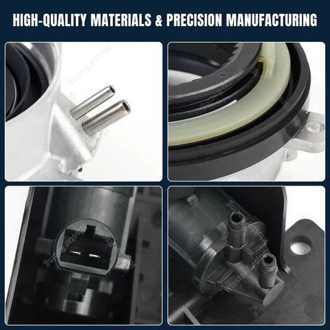 Htostar 4WD locking hub actuator vacuum solenoid collage: metal inlet tubes, seal ring, electrical plug, mounting side.