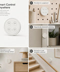 Wireless Outlet Kit With Ergonomic Round Remote And Magnetic Wall Base, round remote mounted on pegboard, shelving, wall, staircase