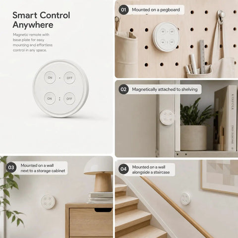 Wireless Outlet Kit With Ergonomic Round Remote And Magnetic Wall Base, round remote mounted on pegboard, shelving, wall, staircase