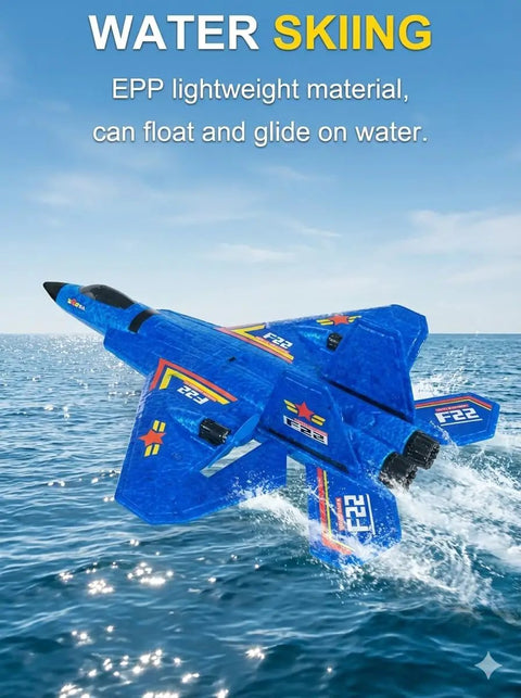 F-22 Raptor Inspired RC Plane With 2.4GHz Control floats on water, showcasing durable foam jet glider against a blue sea backdrop.