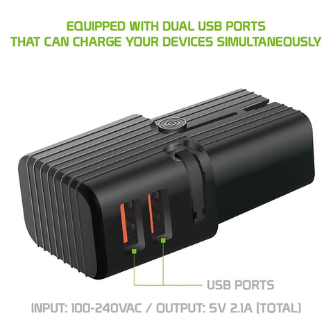 Dual Universal USB Travel Power Adapter With Dual USB Ports For Worldwide Use In 150 Plus Countries Includes US UK EU CN AU NZ Travel Ready For Your Phone Tablet And Other USB Chargers black compact adapter with two USB ports