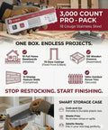 Pro Grade Tough As Nails 18 Gauge Stainless Steel Brad Nails 3000 Count One Inch Bulk Contractor Pack in storage case.
