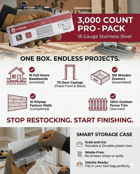 Pro Grade Tough As Nails 18 Gauge Stainless Steel Brad Nails 3000 Count One Inch Bulk Contractor Pack in storage case.