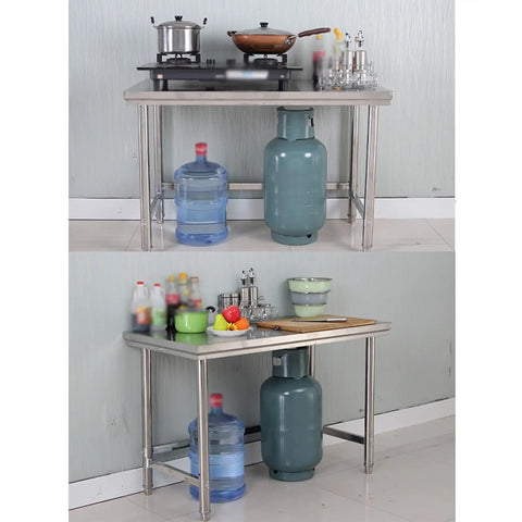Image of Rock Solid 304 Stainless Steel Work Table With Adjustable Height Removable Top Reinforced Legs for kitchen prep tasks.