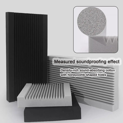 Pro Level Soundproof Studio Wedges Heavy Duty Acoustic Foam Panels 4 Inch Thick setting with black and gray tiles.