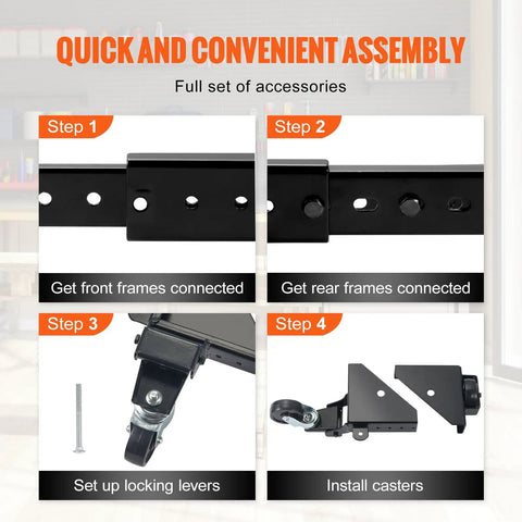 Heavy Duty Adjustable Mobile Base Stand With 500 Pound Capacity assembly steps showcasing frames and casters installation.