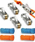 Ultra Lightweight Rope Tightening Tool With Roller Cam Four Pack for camping and boating, showing silver tensioners with rope.