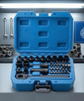Slick Bi Directional Pass Through Ratchet Socket Set 37 Piece Quarter Inch Drive Metric Wrench Kit Featuring Quick Release Mechanism and Professional Grade Molded Case open on workbench.