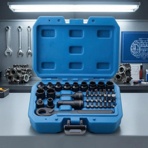 Rock Solid 37 Piece 1/4 Inch Drive Pass Through Ratchet Socket Set with Bi Directional Heavy Duty Alloy Steel Wrench Kit in blue case.