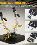 Soldering Station Holder With Storage Box And Third Hand Tool, 4x4 inch metal base, showing single-rail hinge design with adjustable arms.
