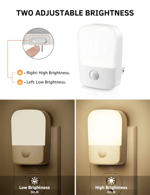 Two Pack Plug In Night Light With Dusk To Dawn Sensor Auto On Off 3000K Soft Warm Glow 30 And 60LM Adjustable Brightness Easy On
