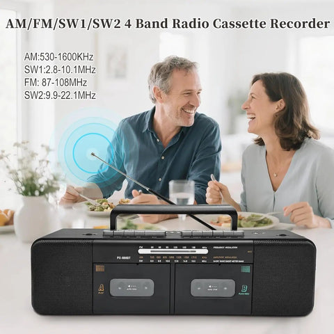 Retro Boombox With Dual Cassette Decks And 7200mAh Battery with couple in a kitchen, Bluetooth Audio