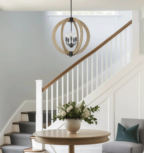 23 Inch 5 Light Modern Farmhouse Rustic Armillary Pendant Chandelier With Sphere Orb In White Ash Wood Finish And Galvanized Steel Finish perfectly hung in a stairway entrance.