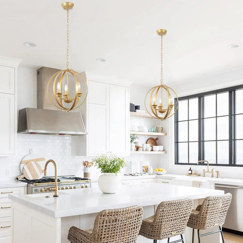 Gold Orb Chandelier Pendant Light Three Light Globe Fixture Modern Luxury Dining Room Foyer Kitchen Bedroom With Adjustable Height Openwork Metal Spheres For A Luxe Glam Vibe over kitchen island