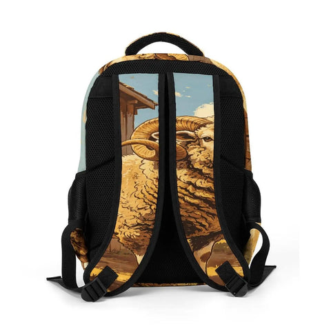 Curly Wool Ram Vintage Printed Unisex Backpack with Large Capacity, Durable Polyester, Breathable Fabric, Smooth Zipper back view